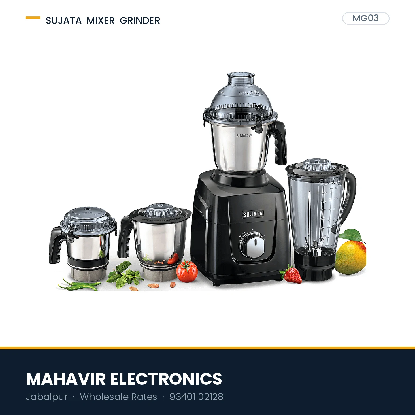 Sujata MG03 Mixer Grinder 1000W, 4 Jars, Black