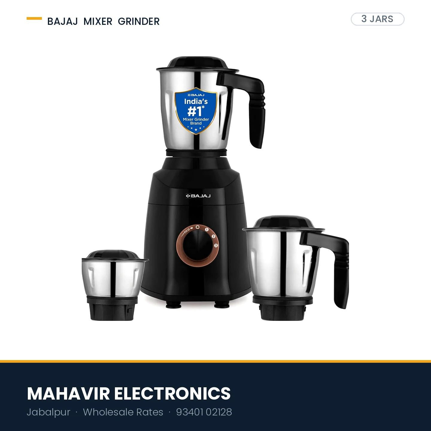 Bajaj Military Series Finesse 750W Mixer Grinder, 3 Jars, Midnight Black