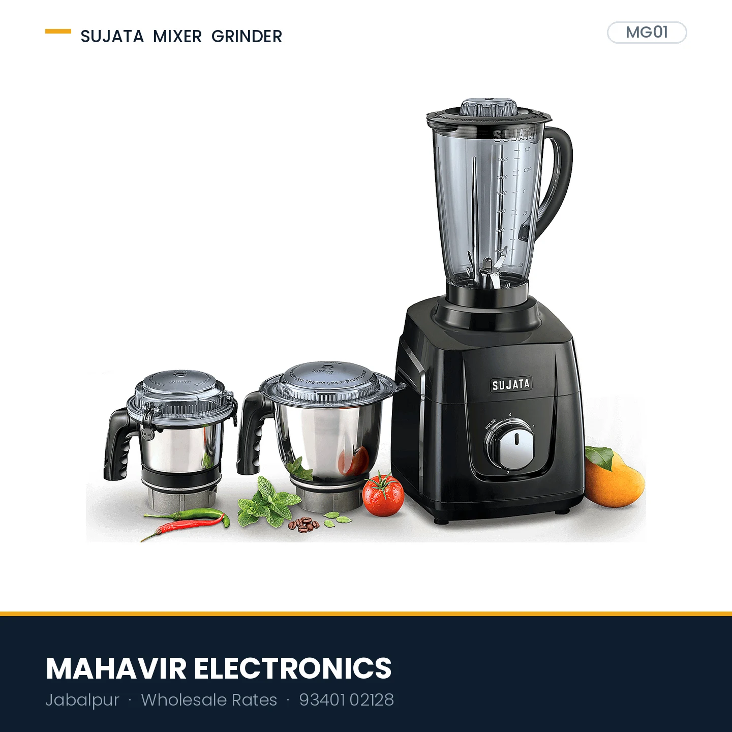 Sujata MG01 Mixer Grinder 1000W, 3 Jars, Black
